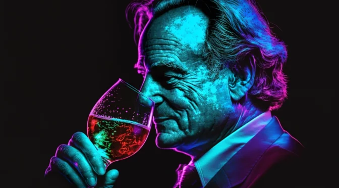 A man inspects a glass of red wine against a neon-lit background, musing on the universe.