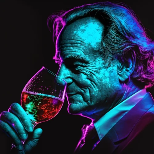 A man inspects a glass of red wine against a neon-lit background, musing on the universe.