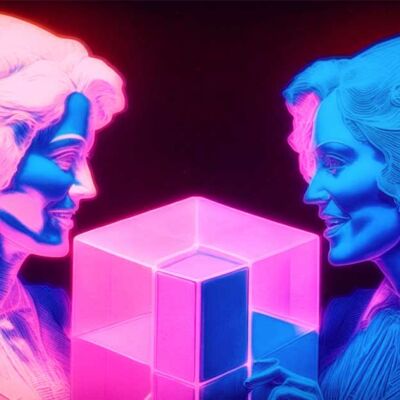 Neon-lit illustration of two women facing each other with a secret, glowing cube between them.