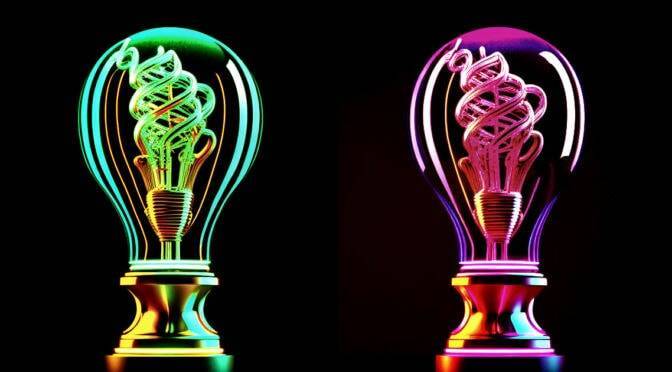 Two colorful, illuminated 3D light bulb sculptures on a dark background are more successful examples of mental contrasting studies.