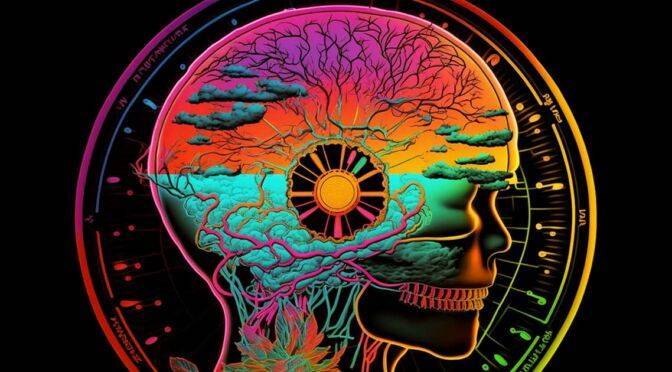 A colorful artistic representation of the human head and brain, emphasizing physical anatomy with elements of nature and machinery integrated into a cohesive design inspired by mindfulness.