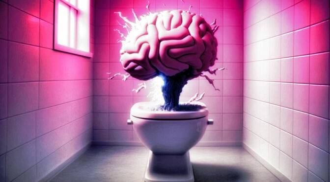 An illustration of an oversized brain with electrical currents emanating from it, situated on a toilet in a pink-tiled bathroom, showcasing the C.R.A.P. Board Technique.