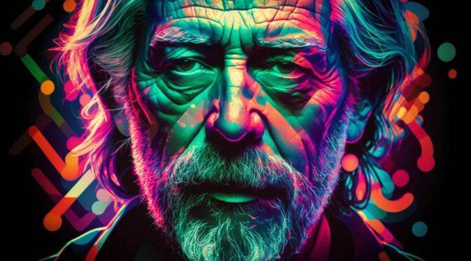 Colorful digital portrait of Alan Watts, an older man with a beard, with neon light effects inspired by the Art of Meditation.
