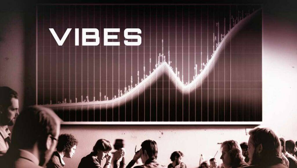 People in a room with a digital display showing an upward trending graph and the word "Multiverse vibes.