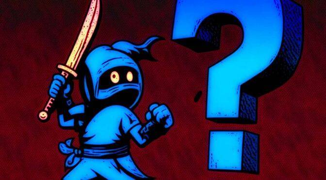 Animated ninja character with a sword next to a large question mark, symbolizing a choice.
