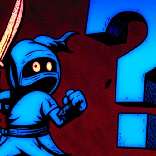 Animated ninja character with a sword next to a large question mark, symbolizing a choice.