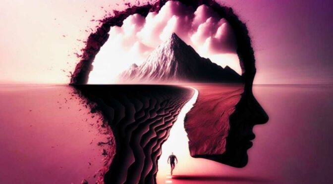Surreal silhouette of a human head forming a landscape with a mountain, clouds, and a lone figure walking on a path, achieving flow.