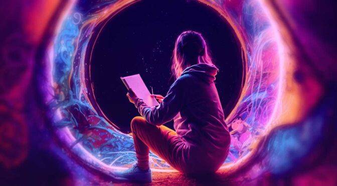 A person reading a book while sitting inside a colorful, illuminated tunnel with a view of the multiverse in the background.