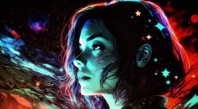 A vibrant digital artwork of a woman with a cosmic motif, blending her portrait with a starry space background, symbolizing hope through the infinite possibilities of mental wellness.