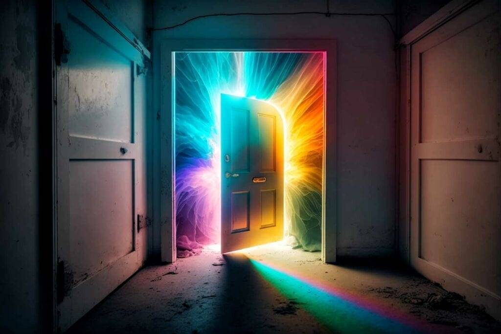A vibrant spectrum of light, symbolizing hope, streams from an open door in a dimly lit, abandoned room.