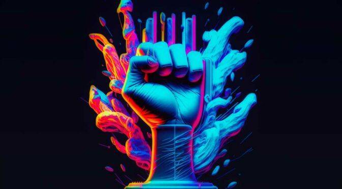 A vibrant digital artwork of a hand making a "rock on" gesture with neon paint splashes against a black background, symbolizing reaching your goals in a simple way.