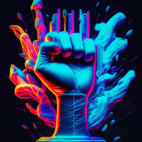A vibrant digital artwork of a hand making a "rock on" gesture with neon paint splashes against a black background, symbolizing reaching your goals in a simple way.