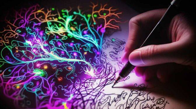 Hand drawing colorful, neon-lit tree-like designs on a dark surface with a glowing pen promotes mind health.