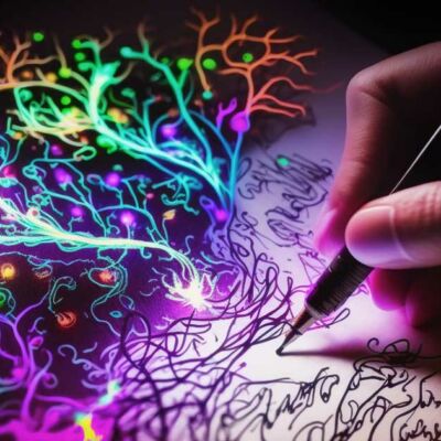 Hand drawing colorful, neon-lit tree-like designs on a dark surface with a glowing pen promotes mind health.