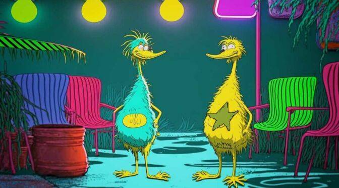 Two cartoon birds with human-like features standing in a colorful, neon-lit room discuss the neuroscience of prejudice.