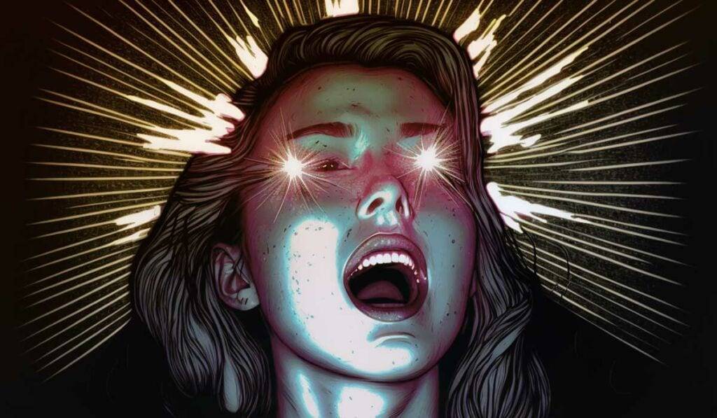 Illustration of a person yawning with beams of light emitting from their eyes and mouth against a dark background.