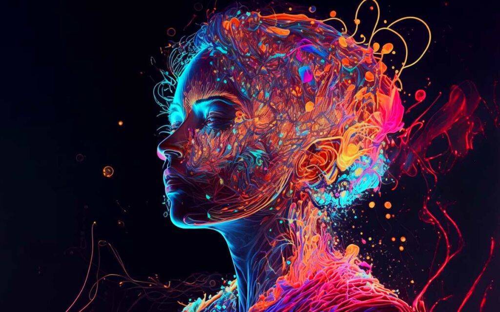 Colorful digital artwork of a profile silhouette with vibrant, abstract lines and shapes emanating from the head, symbolizing the alchemy of mixing senses for a better life.
