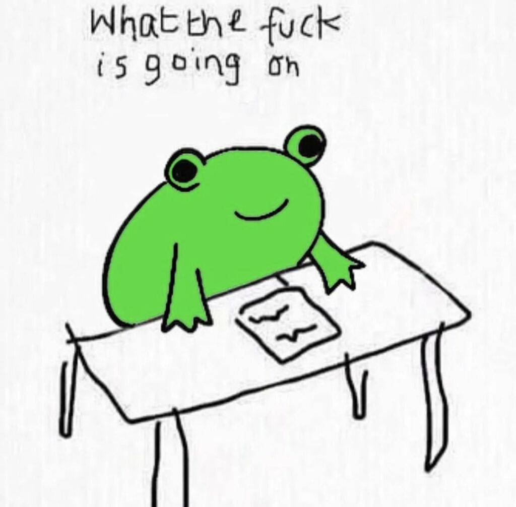 A cartoon frog sitting at a desk with a puzzled expression and captioned "Reaching states of utter bafflement.