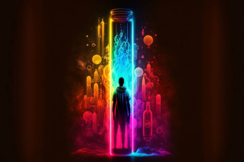 A hooded figure stands before a vibrant, glowing flask filled with intricate icons, flanked by a series of candles in a mystical and colorful digital artwork depicting science-backed steps towards reaching enlightenment.