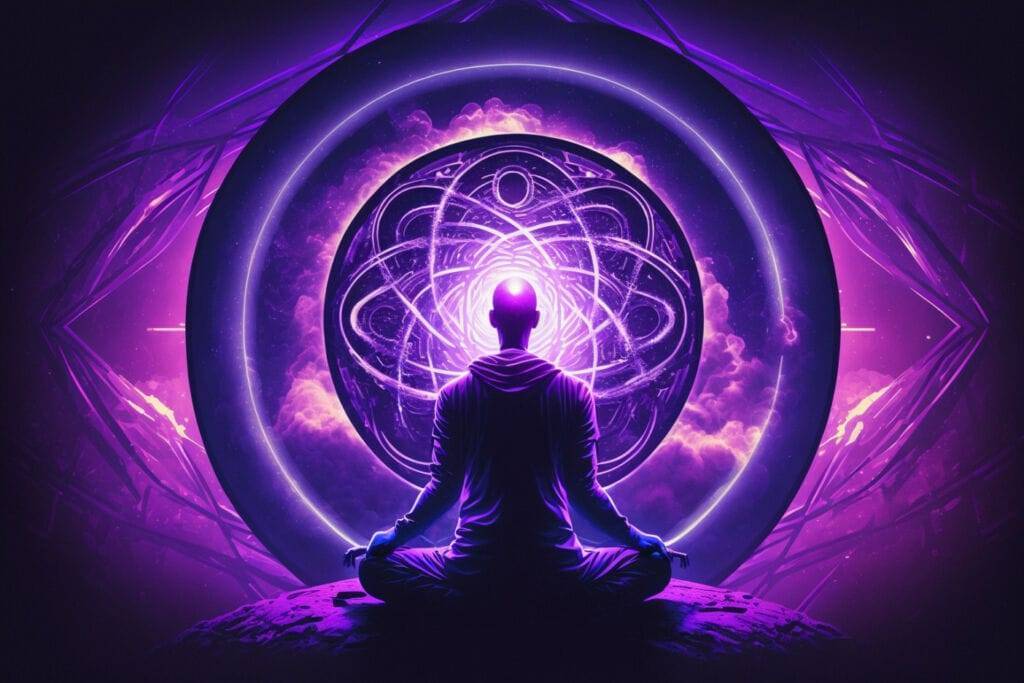 A person meditating in a lotus position against a backdrop of mystical geometric patterns and cosmic clouds in a vibrant purple hue, reaching enlightenment.
