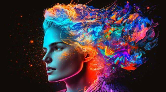 Profile of a woman with colorful, abstract art superimposed on her hair and shoulder, embodying creativity in the best way.