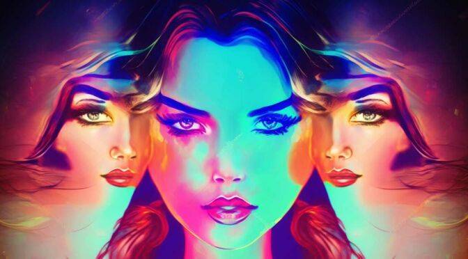 A vibrant, symmetrical digital art piece featuring a trio of colorful, mirrored female faces with a neon glow effect and subtle hints of mind reading techniques.