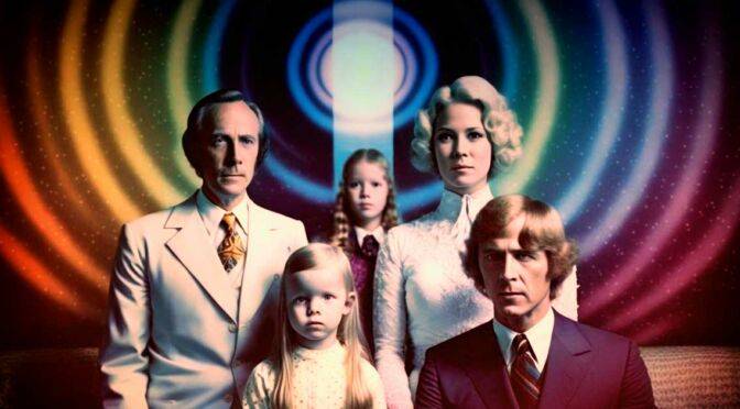 A vintage-style portrait of a family with two adults and two children against a backdrop featuring psychedelic swirls to enhance consciousness.