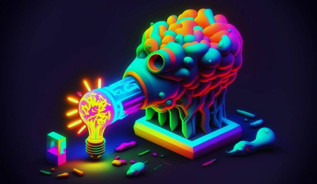 A vibrant 3d illustration depicting a light bulb with a brain inside connected to a colorful, stylized brain structure, surrounded by various abstract shapes, symbolizes the best way to access your creativity.