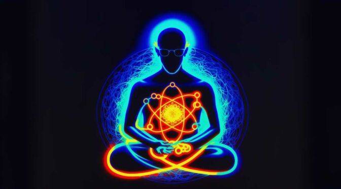 A digital illustration of a human figure in meditation with glowing chakras and an aura on a black background, representing science-backed steps towards reaching states of enlightenment.