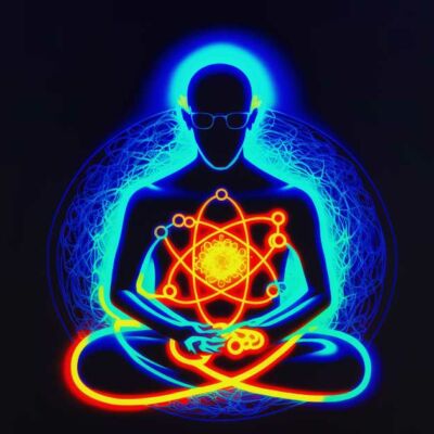 A digital illustration of a human figure in meditation with glowing chakras and an aura on a black background, representing science-backed steps towards reaching states of enlightenment.