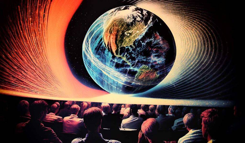 Audience observing a presentation about earth's magnetic field aimed to enhance consciousness.