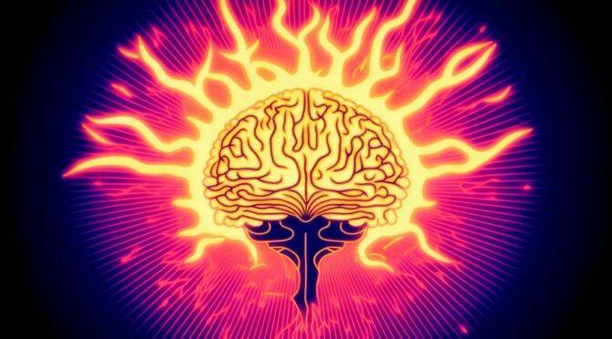 Stylized illustration of a brain with fiery emanations representing intense mental sharpness or creativity.