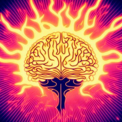 Stylized illustration of a brain with fiery emanations representing intense mental sharpness or creativity.