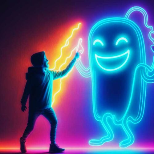 A person wearing a hoodie reaches out to a large, smiling neon light character in the shape of a pill against a gradient purple background, symbolizing a formula for combating anxiety.