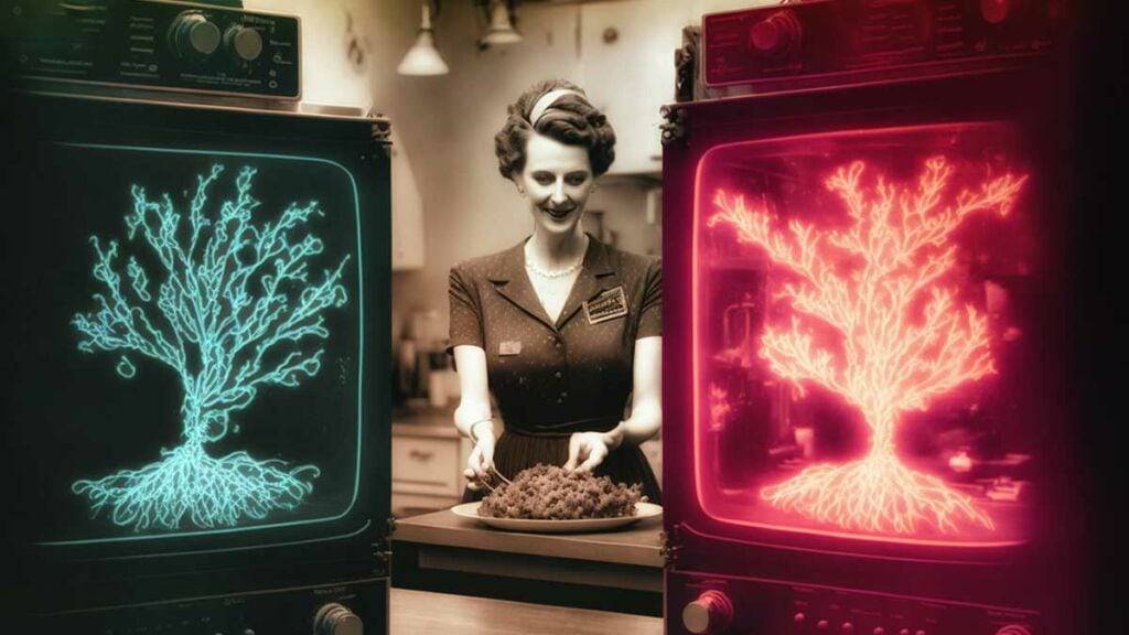 A vintage-styled image depicting a woman between two monitors displaying branching structures, comparing information or conducting an analysis in hack-inspired ways.
