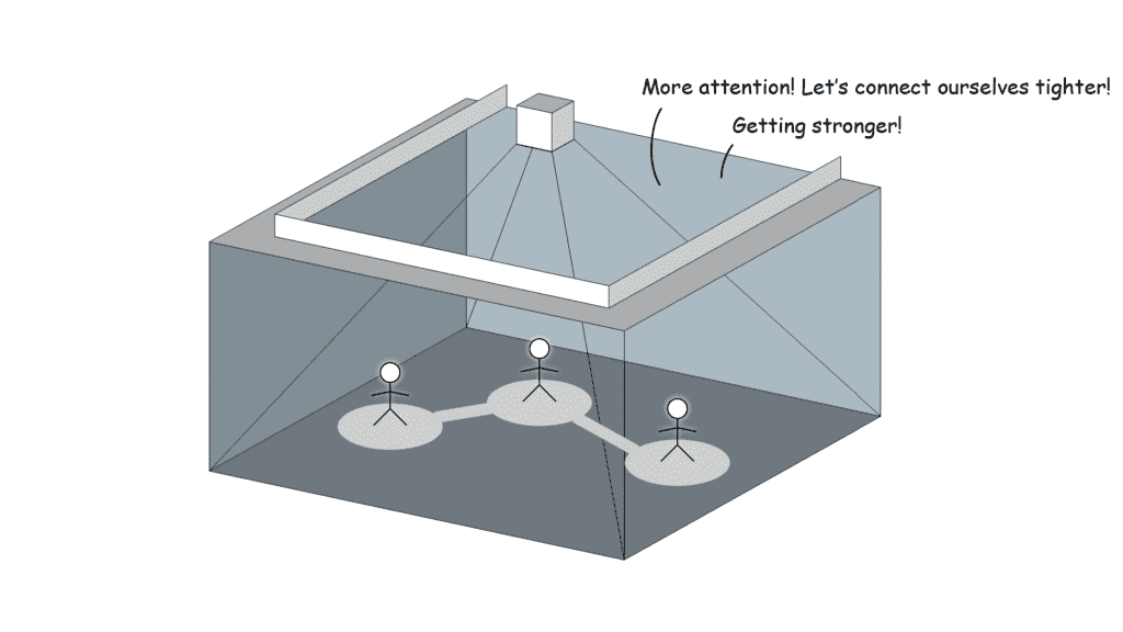 Illustration of a metaphorical concept where smaller entities are strengthening their connections within a larger structure, suggesting teamwork and consolidation, with beautiful visuals.