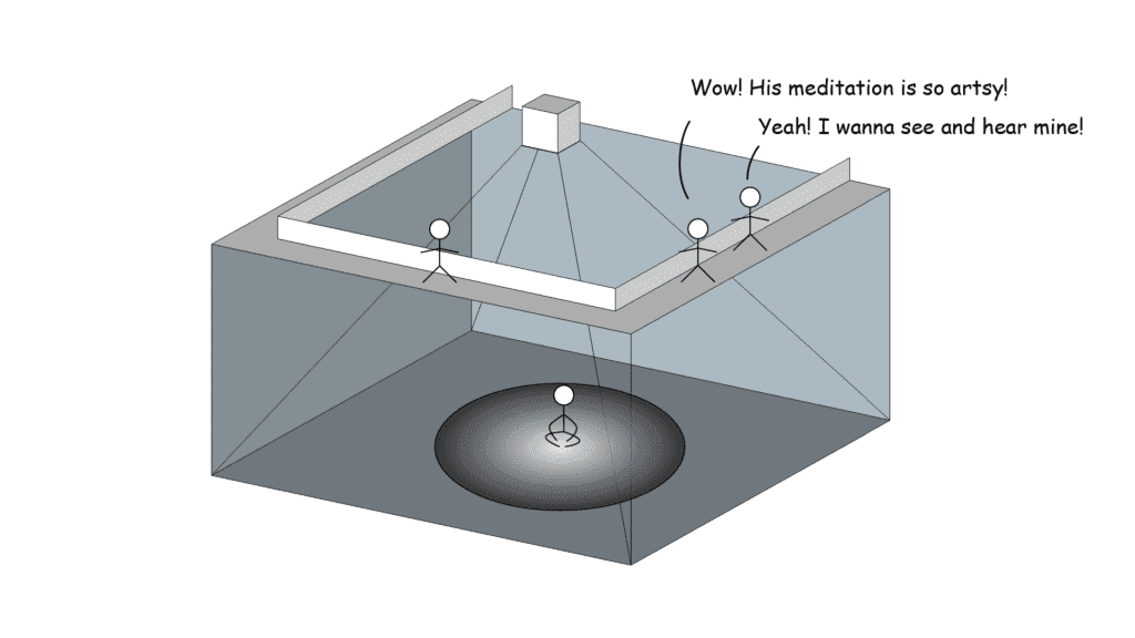 A conceptual art piece depicting two figures observing a third figure meditating with an abstract representation of thought projection above, showcasing beautiful visuals.