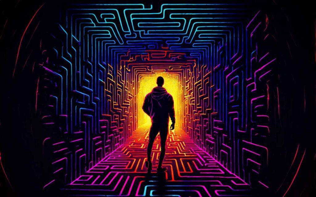 A silhouette of a person stands before a vibrant, neon-lit maze, exploring science-backed ways to navigate through.