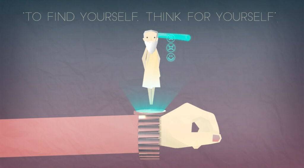An abstract illustration featuring a figure standing on a platform with a magnifying glass, with the phrase "to find yourself, think for yourself" in the background. This depiction embodies the future of emotional technology