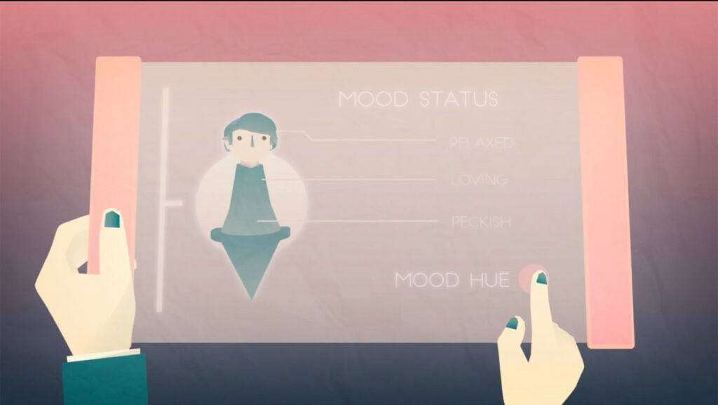 A person presenting a slide showing an illustrated figure with indicators for "mood status" including "relaxed," "loving," and "peevish," highlighting how future technology can enhance life.