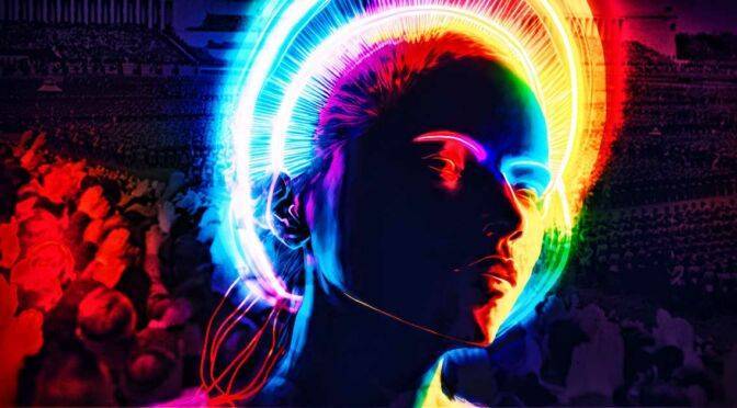 A colorful digital illustration of a profile view of a person with a neon halo effect around the head, against a background of a blurred crowd. The imagery subtly embeds elements of brain science.