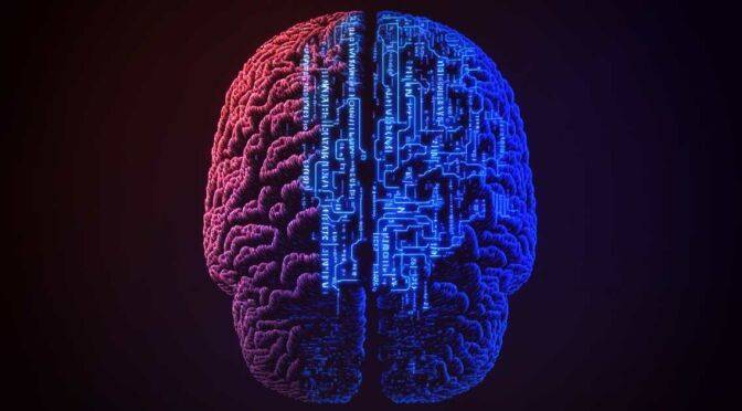 Half human brain and half digital circuitry on a dark background, representing the concept of artificial intelligence and the fusion of technology with human intelligence, underlining Brain Performance despite Stress.