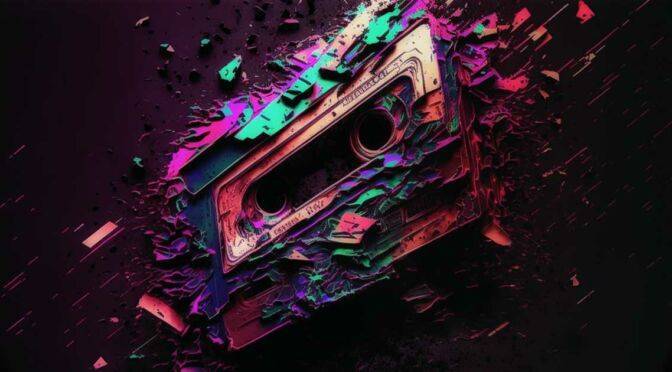 An exploding cassette tape with vibrant pink and teal accents against a dark background, embodying the concept of "Audio Recall" as its best asset.