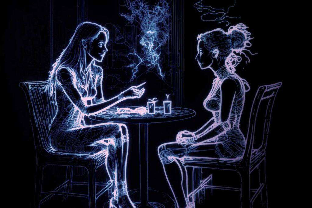 Two neon-outline figures, embodying the essence of Empaths, engage in a conversation at a table with beverages, depicted in a dark setting with a futuristic vibe.