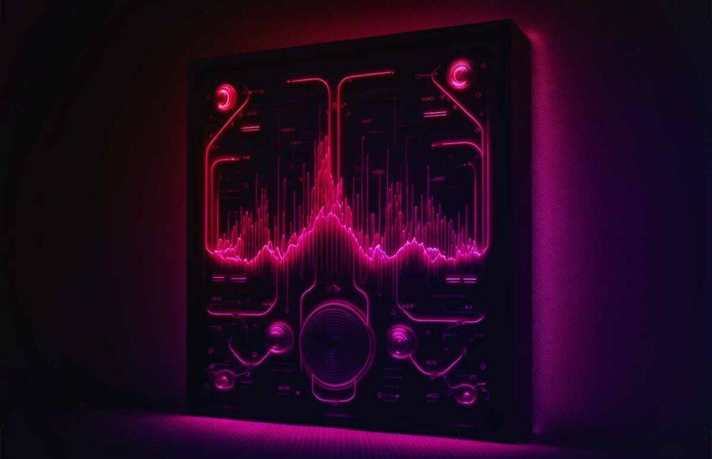 A glowing purple neon sound wave visualization on a dark canvas with a pair of headphones depicted at the top corners, symbolizing audio recall as its best asset.