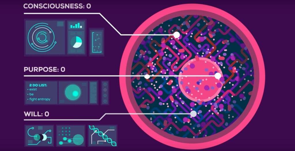Illustration of an abstract, technological representation possibly simulating elements of consciousness, purpose, and the nature of existence with various readouts and graphics in a predominantly pink and blue color scheme.