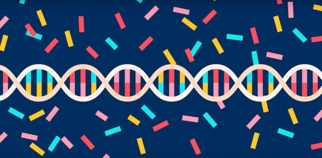 Illustration of a stylized DNA double helix with colorful patterns on a navy blue background, surrounded by scattered multicolored bars symbolizing existential inquiry.