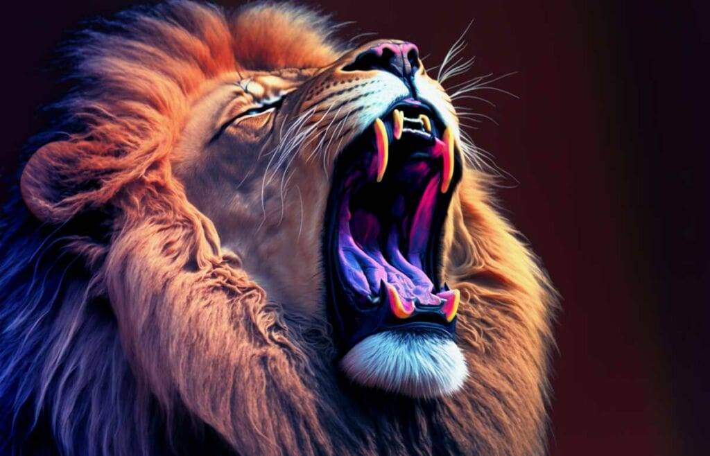A lion with a vibrant mane roaring, set against a dark background, symbolizes the power of mindfulness techniques in navigating the wilderness of emotions.