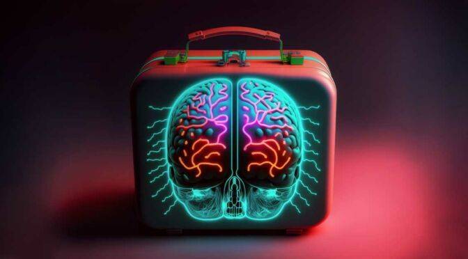 A neon-lit illustration of a brain on a survival kit against a gradient background.