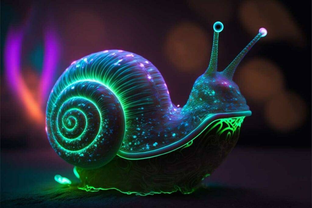 Illuminated neon snail with practice tips glowing patterns against a blurred colorful background.